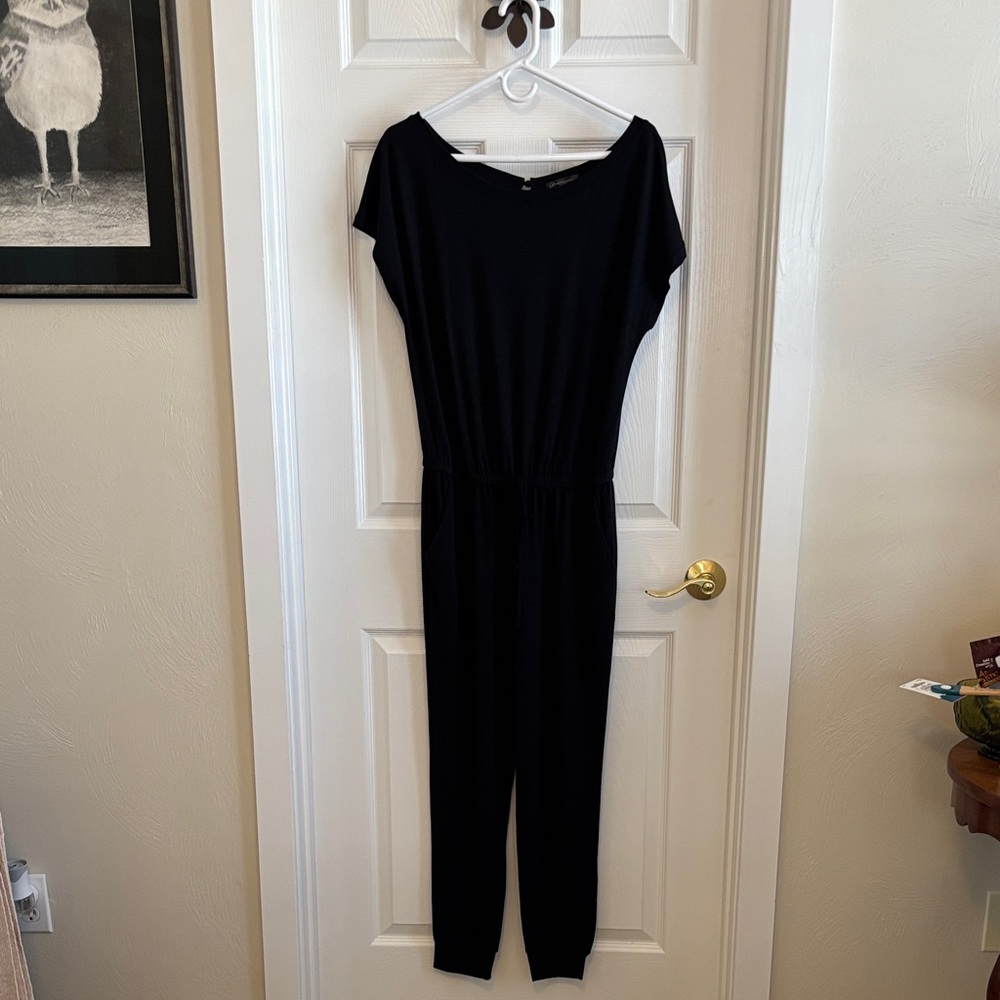 Pretty Garden Chic Black Jumpsuit Jogger W/Pockets Elastic Waist Cap Sleeves Sm